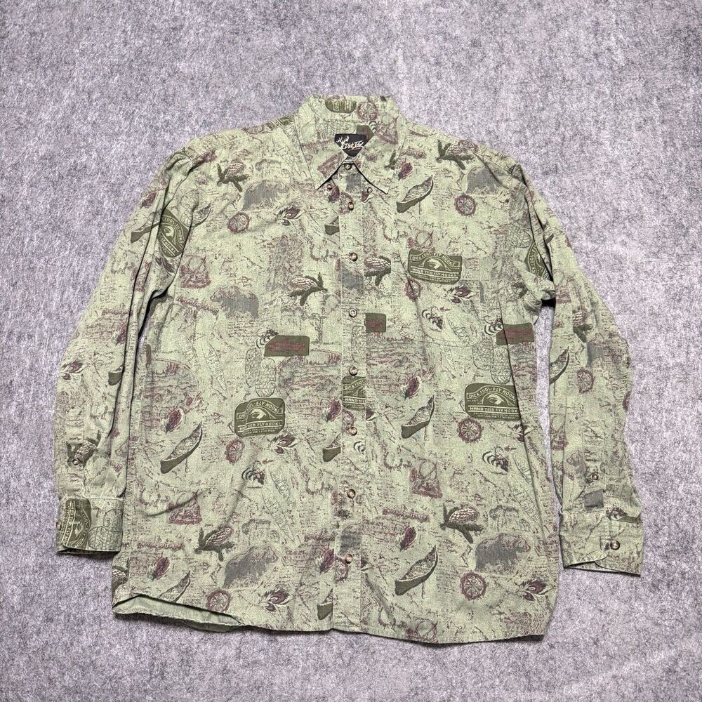 Vtg Dick Idol Cabelas Fly Fishing Shirt Mens Large Tall L AOP Canoe Bear Cotton